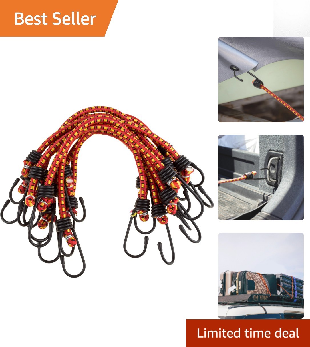 Essential 12-Inch Bungee Cords – 10-Pack Rubber with Adjustable Heavy-Duty Hooks