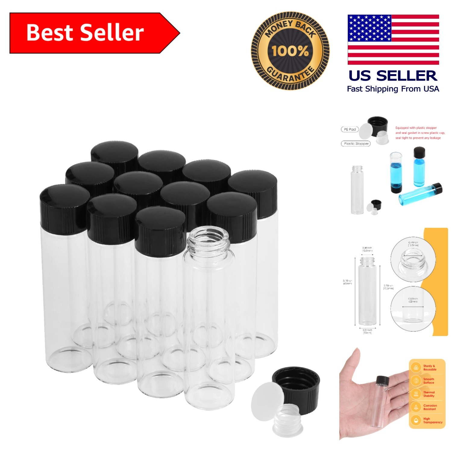 Durable 20ml Borosilicate Glass Vials – Leak-Proof with Caps & Stoppers (12PCS)