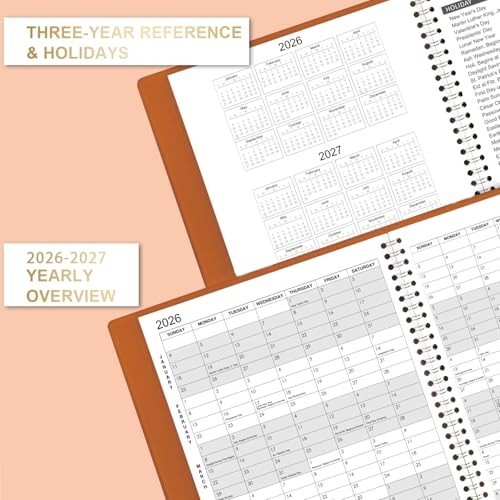 Monthly Planner Jul 24-Dec 25 Leather Cover Twin-Wire 18 Month Planner, Brown