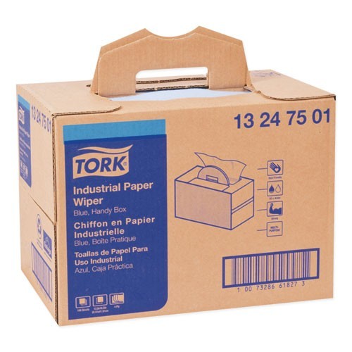 Tork Industrial Paper Wiper, 4-Ply, 12.8 x 16.5, Unscented, Blue, 180/Carton