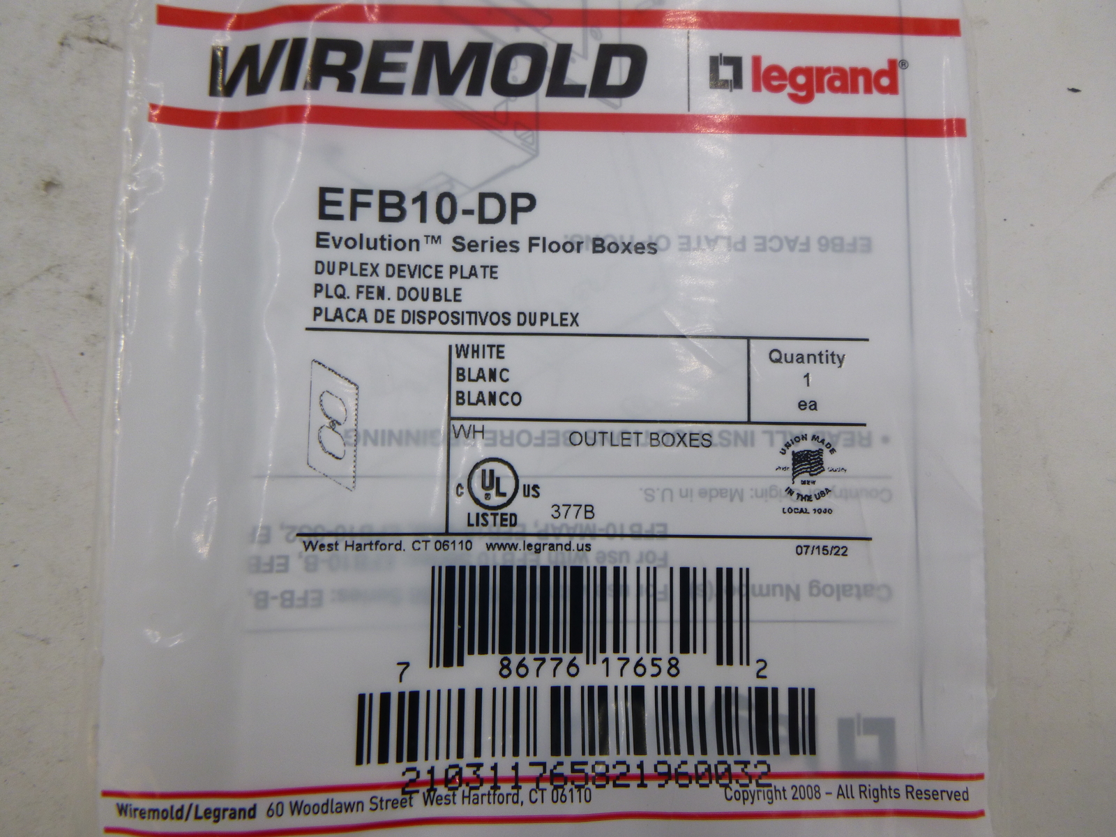 2 Pack Legrand Wiremold EFB10-DP Series Floor Boxes Duplex Device Plate White