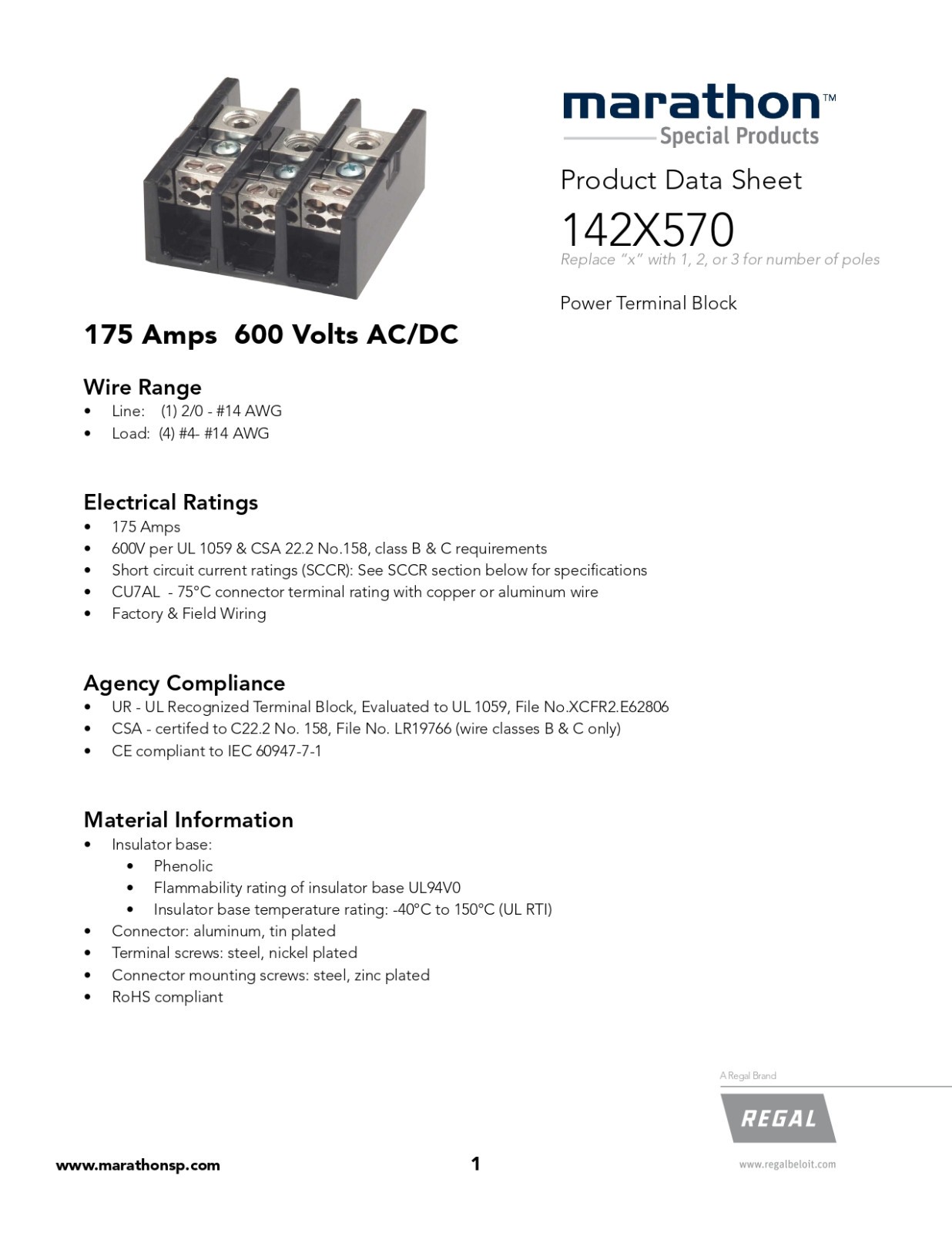 Marathon 1422570 Power Distribution Block 2 Pole 175A 600V AC/DC – Qty. 1