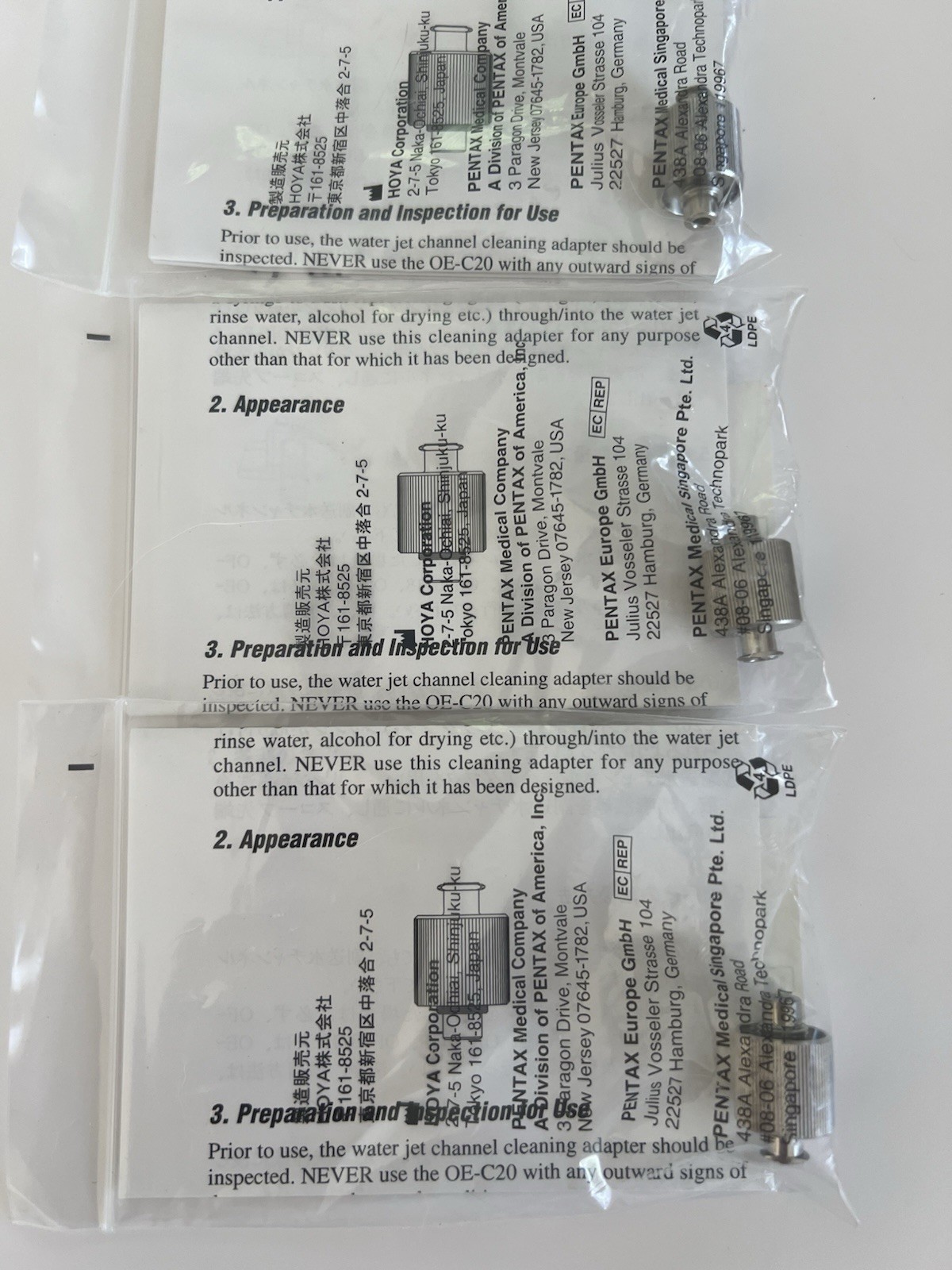 Three New Pentax OE-C20 Water Jet Cleaning Channel Adapter