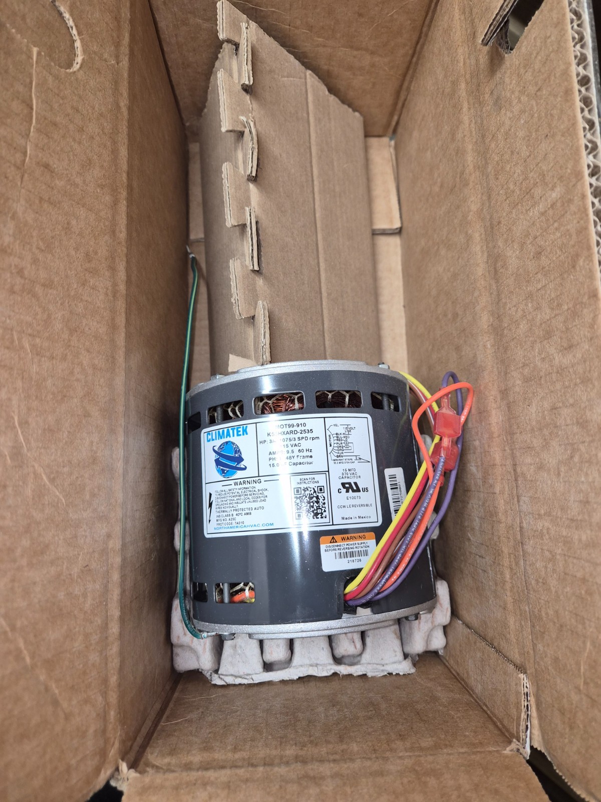 ClimaTek MOT99 910 Blower Motor K55HXARD-2535 3/4 HP 1075/3 Spd rpm