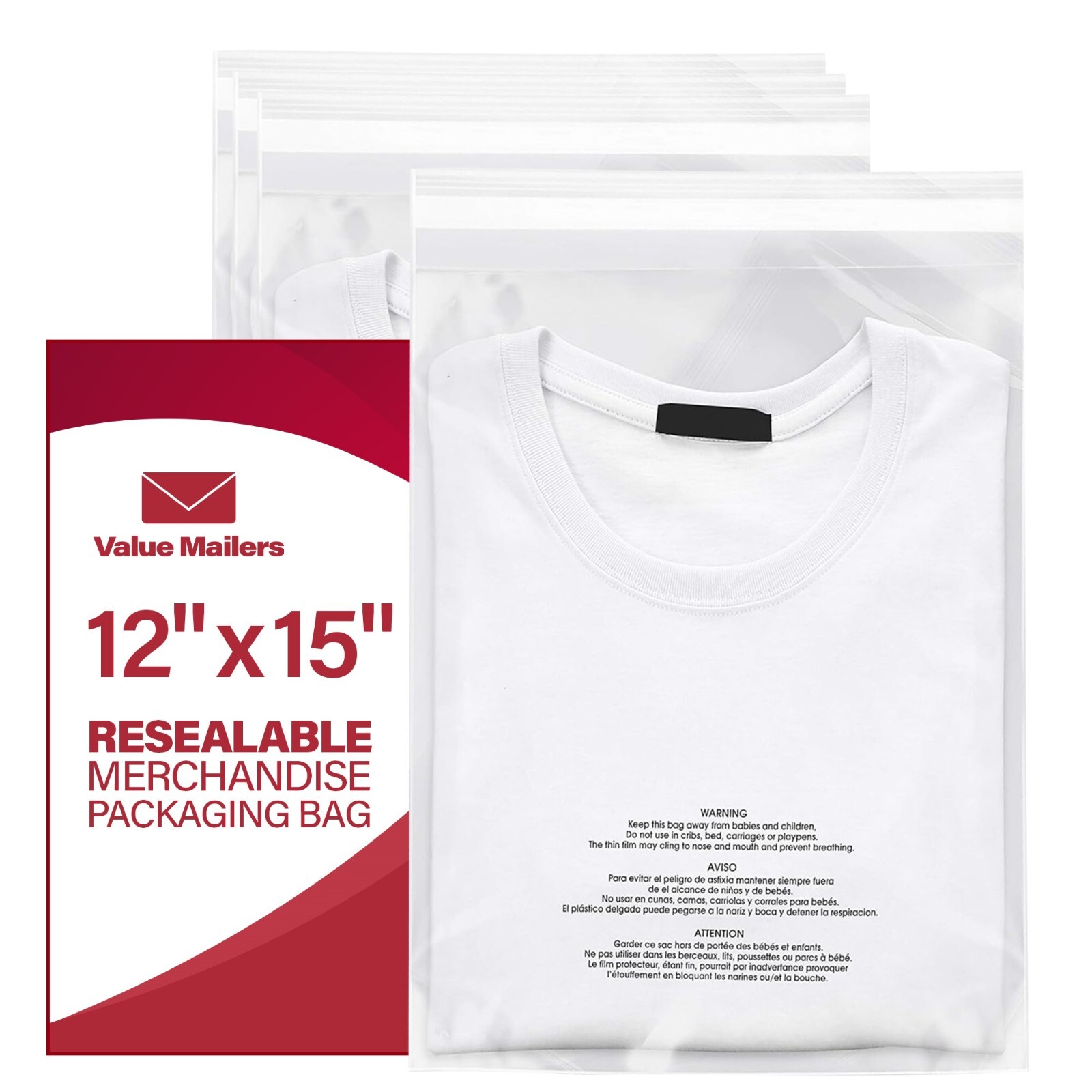 100 12×15 Poly Bags Resealable Suffocation Warning Clear Merchandise 1.5 mil