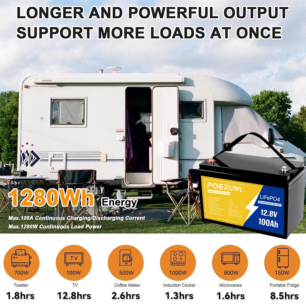 12V 100Ah LiFePO4 Lithium Battery Cycle Deep Built-in BMS for Solar RV Off-grid