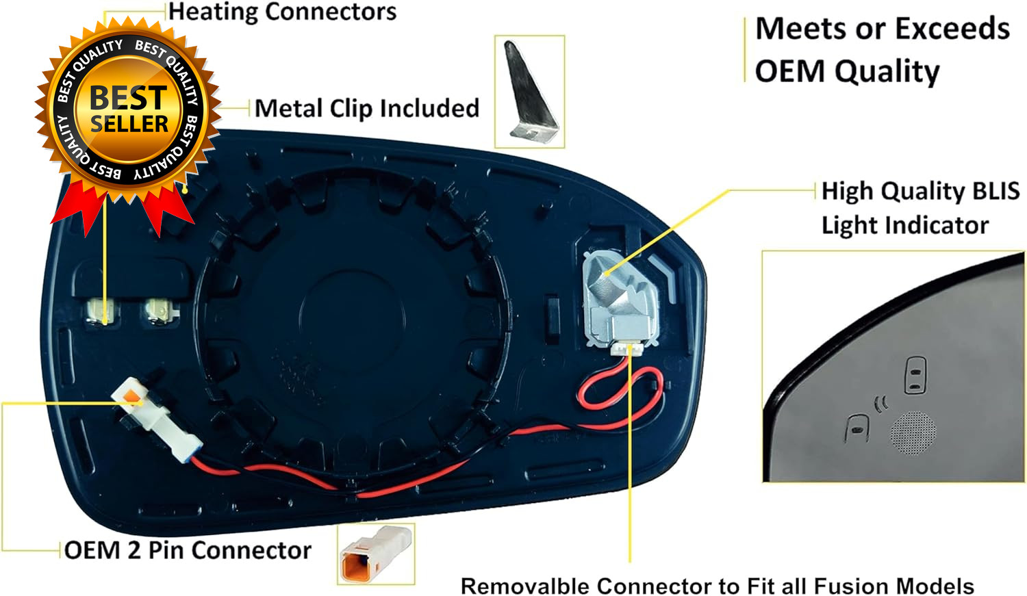 Passenger Side Mirror Glass Compatible with Ford Fusion 2013-2021 Heated