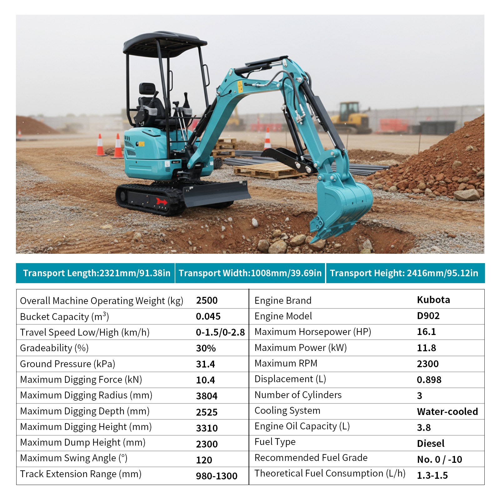 FREE SHIP 2.5Ton Mini Excavator KUBOTA D902 Diesel Side Swing Expand Track Pilot