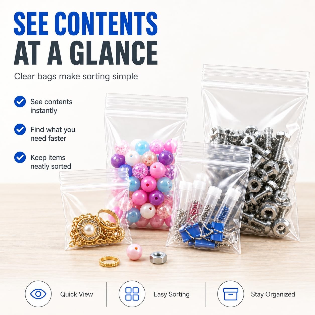 Small Plastic Bags, 300 PCS Small Jewelry Bags 3 Assorted Sizes 2×2 2×3 3×4 Inch