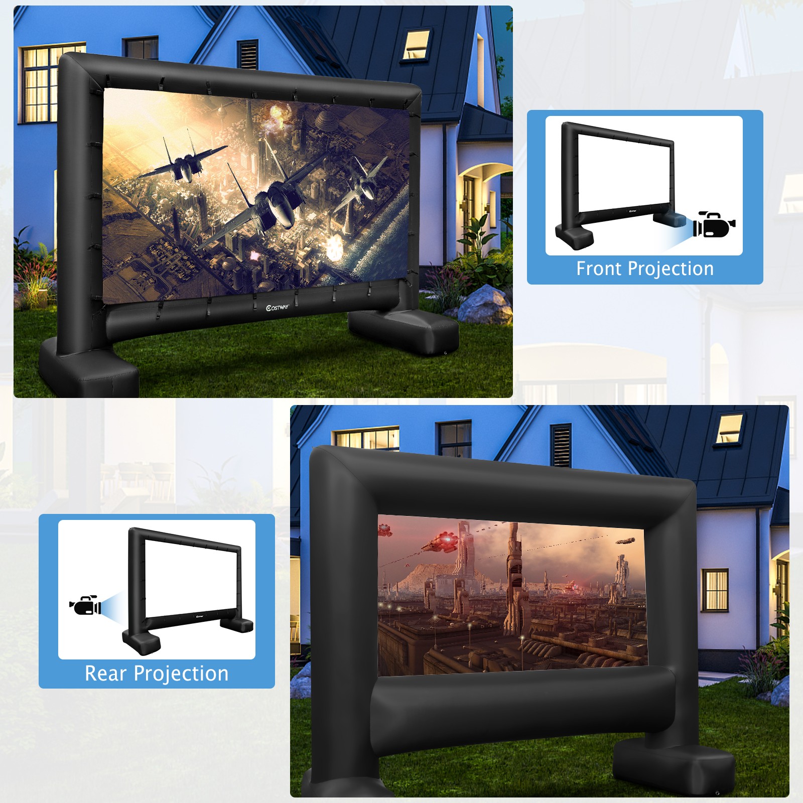 15 FT Inflatable Movie Screen Outdoor Blow Up Projector 16:9 w/ Air Blower & Bag