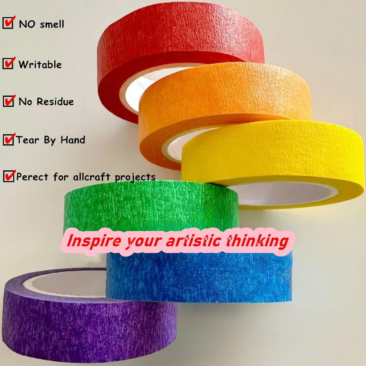 6 Rolls Colored Masking Tape，colored Red, orange, yellow, green, blue, purple