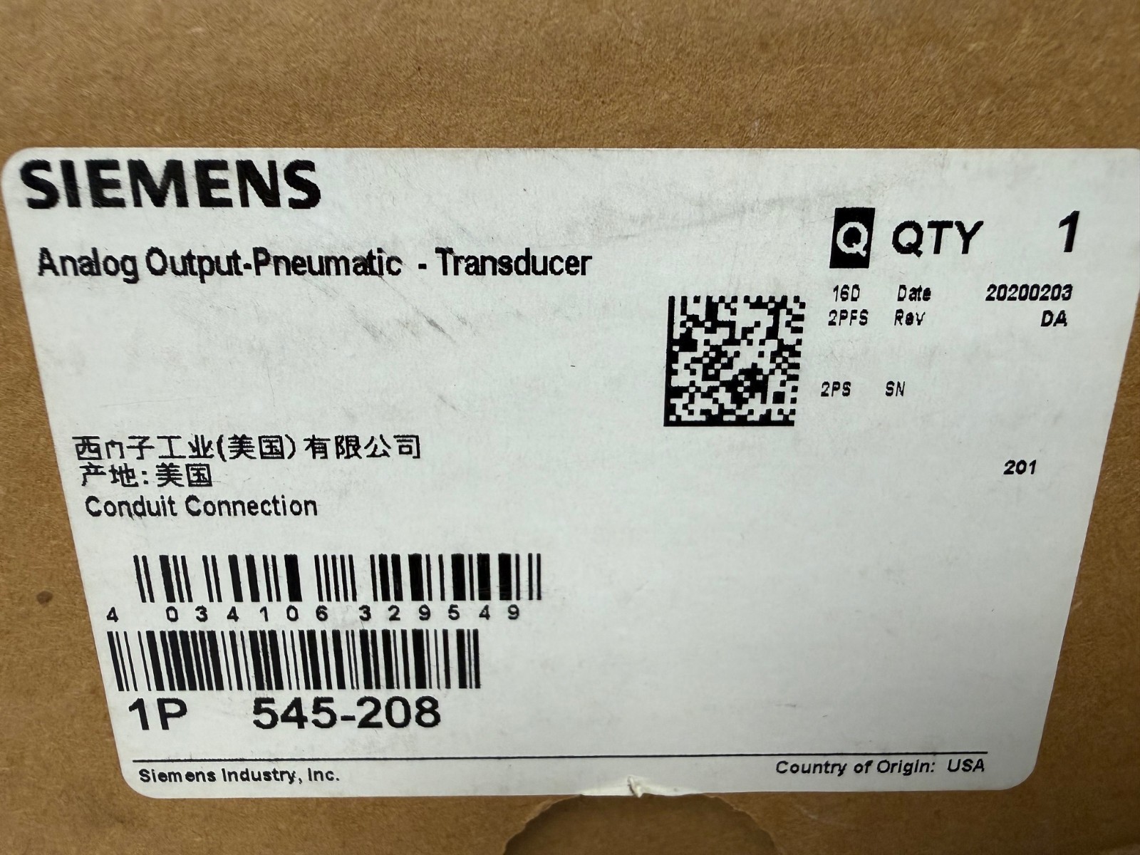SIEMENS 545-208 ANALOG OUTPUT PNEUMATIC TRANSDUCER AO-P TRANSDUCER NEW