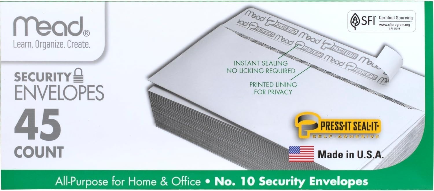 Mead #10 Security Business Envelopes Letter Size 4-1/8″ x 9-1/2″ – Peel and Seal
