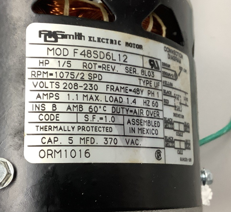 A.O. Smith ORM1016 F48SD6L12 Condenser Motor 1/5HP 208-230V(F15)