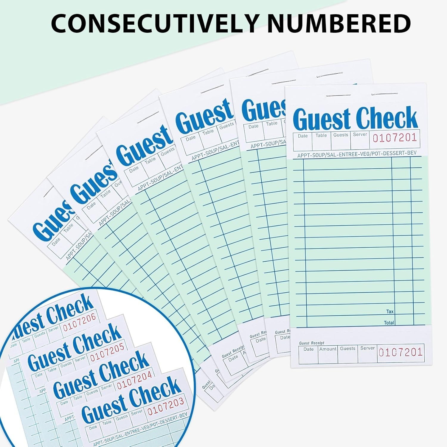 30 PACK – Guest Checks for Servers (1500 Sheets) Std, Numbered W/Bottom Receipt