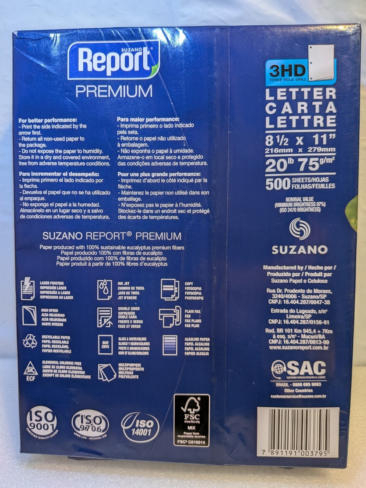 Suzano Report Premium 3HD 3-Hole Punched Copy Paper 8.5×11 20lb 500 Sheets