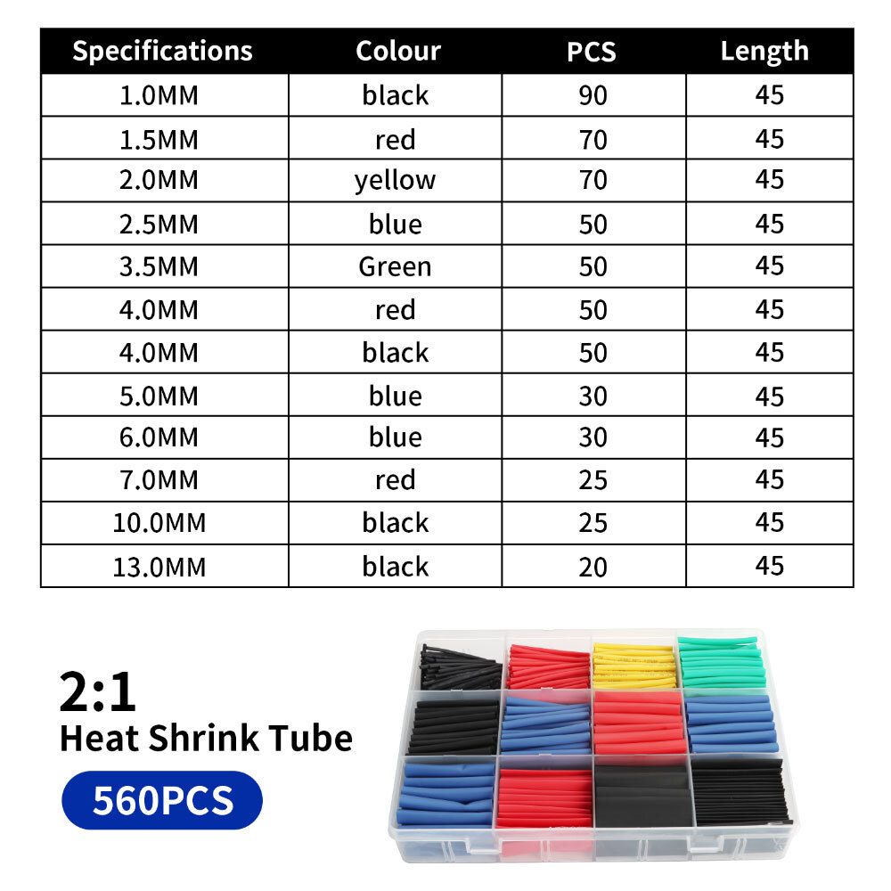 560Pcs Heat Shrink Tubing Insulation Shrinkable Tube 2:1 Wire Cable Sleeve Kit