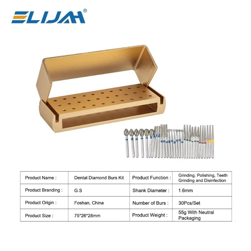 Dental Diamond Burs Drill+Disinfection Bur Block High Speed Handpiece–30Pcs/Set