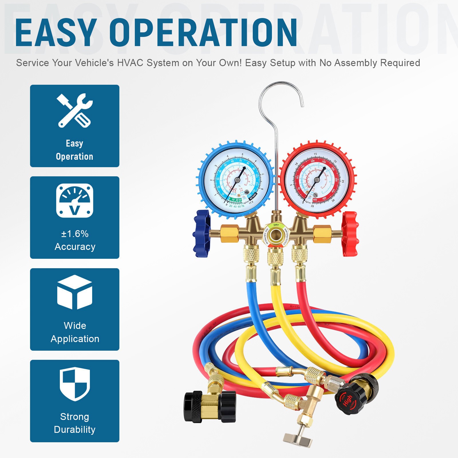 HVAC AC 3‑Way Manifold Gauge Set w/ 5ft Hoses R1234yf R404a R134a Refrigeration