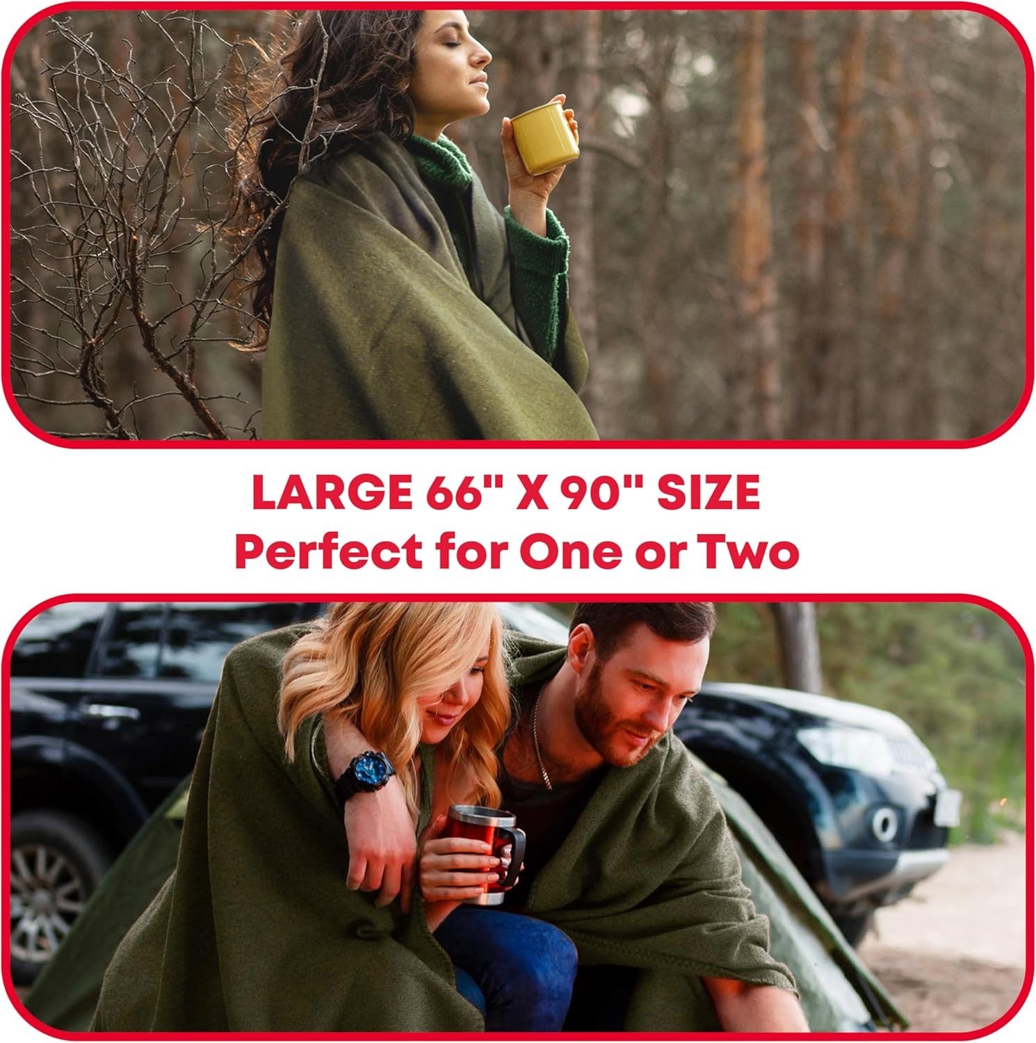 Olive Green Warm Fire Retardant Wool Blanket, 66″ x 90″ – Perfect for Camping
