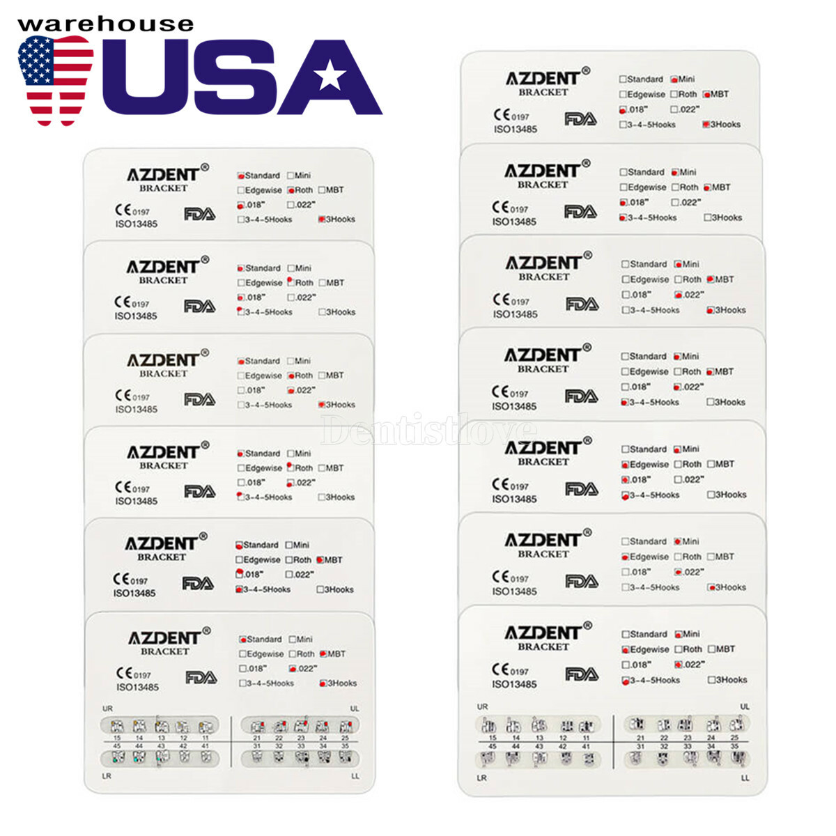 20pcs Dental Orthodontic Brackets Mini/Standard MBT/Roth 018/022 Hooks 3/345