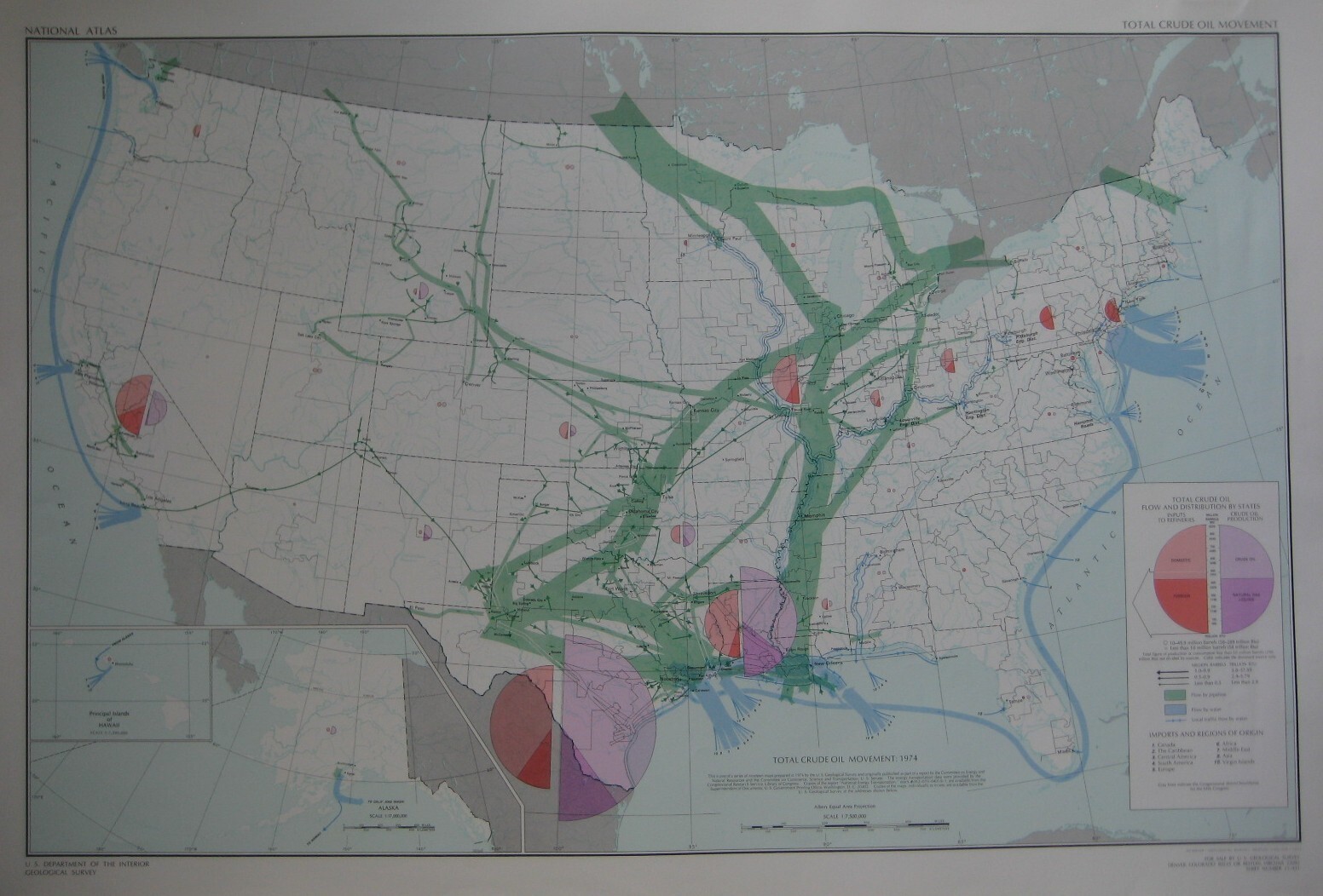 1974 United States CRUDE OIL FLOW + DISTRIBUTION MAP Refineries Pipelines NatGas