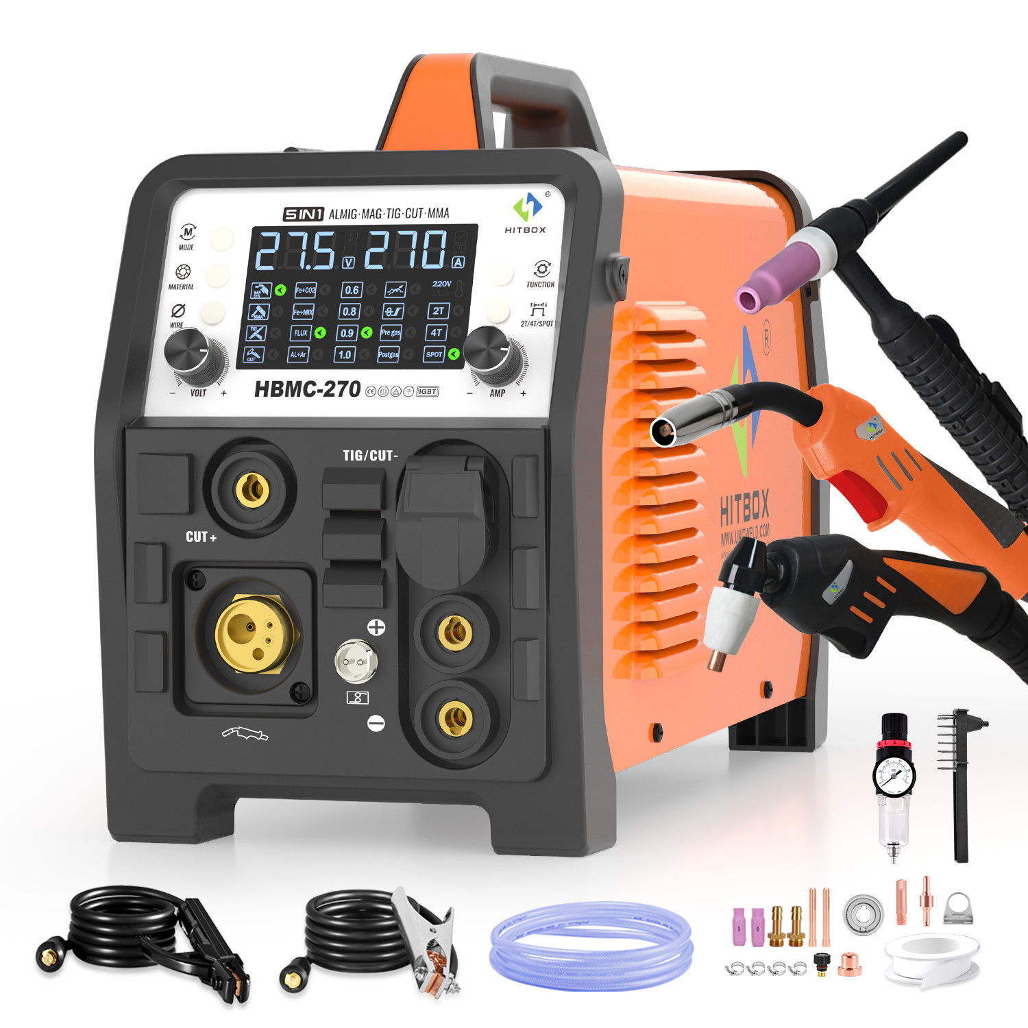 HITBOX 6in1 200A Aluminum Gas Gasless MIG TIG Stick Plasma Cutter Welder+Helmet