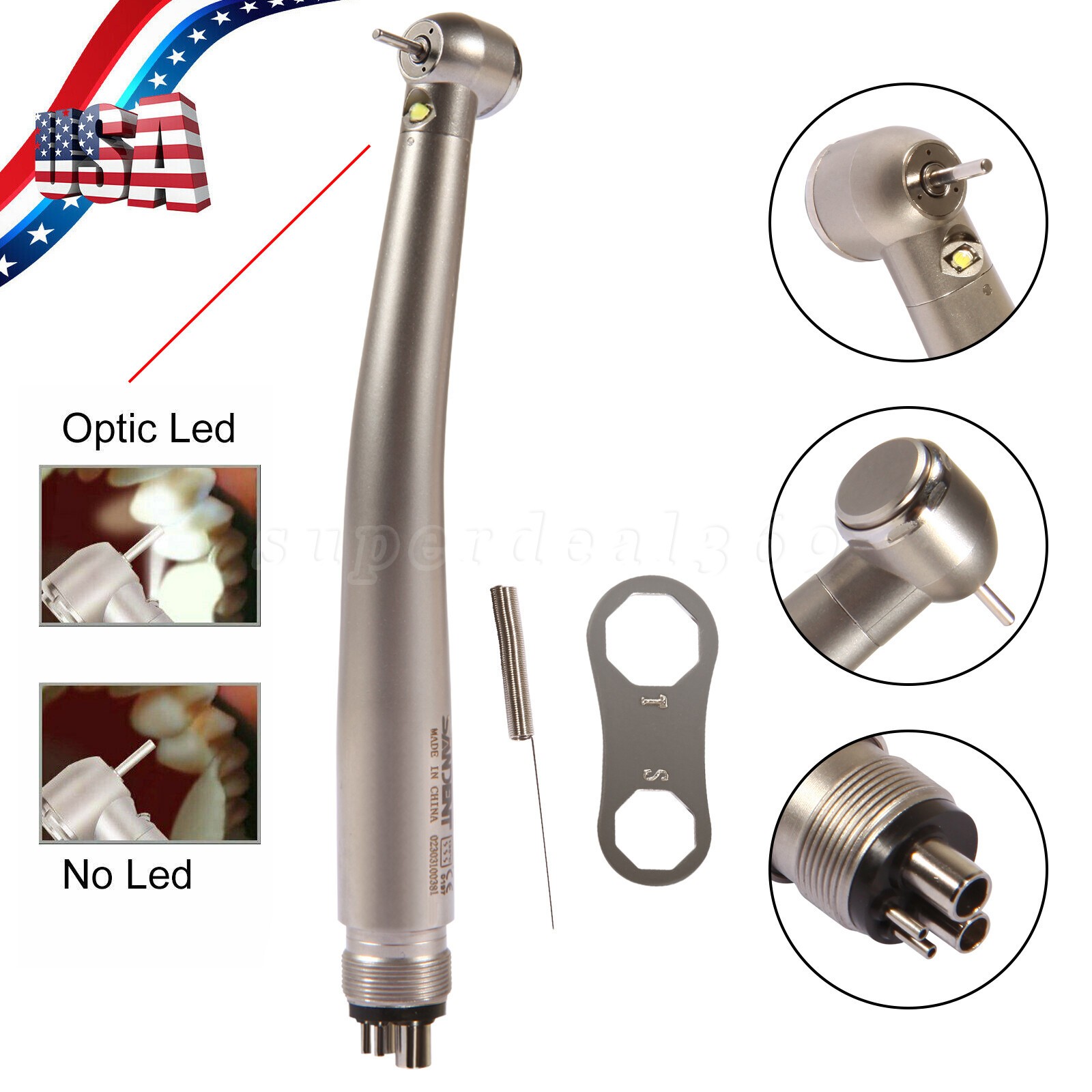 NSK Style Dental Fiber Optic LED E-generator High Speed Handpiece Turbine 4Holes