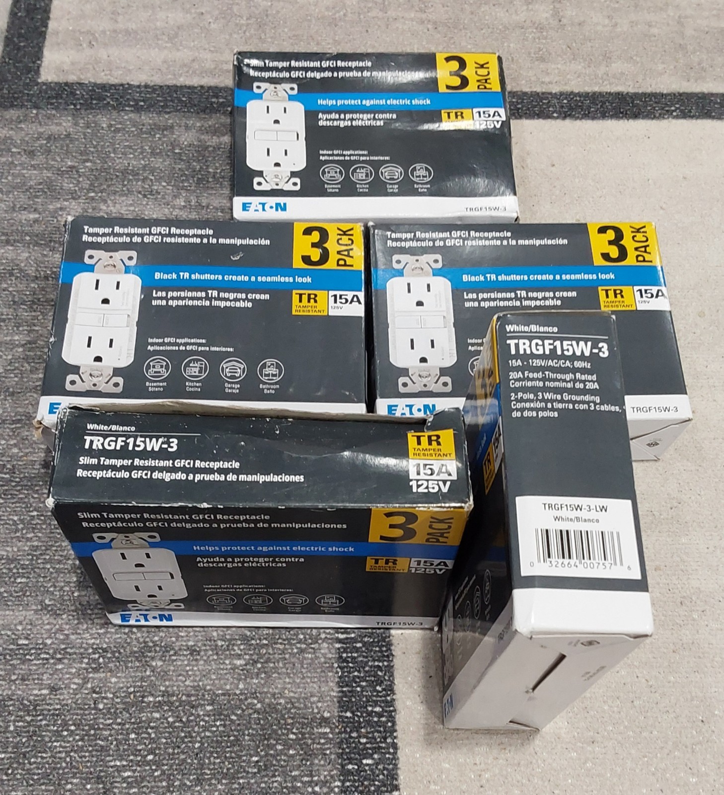 Eaton Tamper Resistant TRGF15W-3 15A/125V GFCI Recept 3-pack White LOT OF 5 NEW