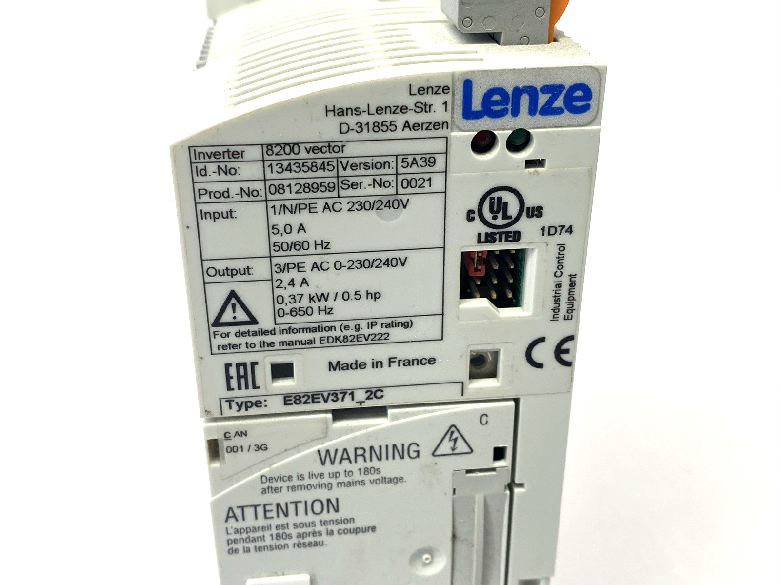 Lenze E82EV371K2C 8200 Vector Frequency Inverter 240VAC 0.37kW/0.5HP 13435845
