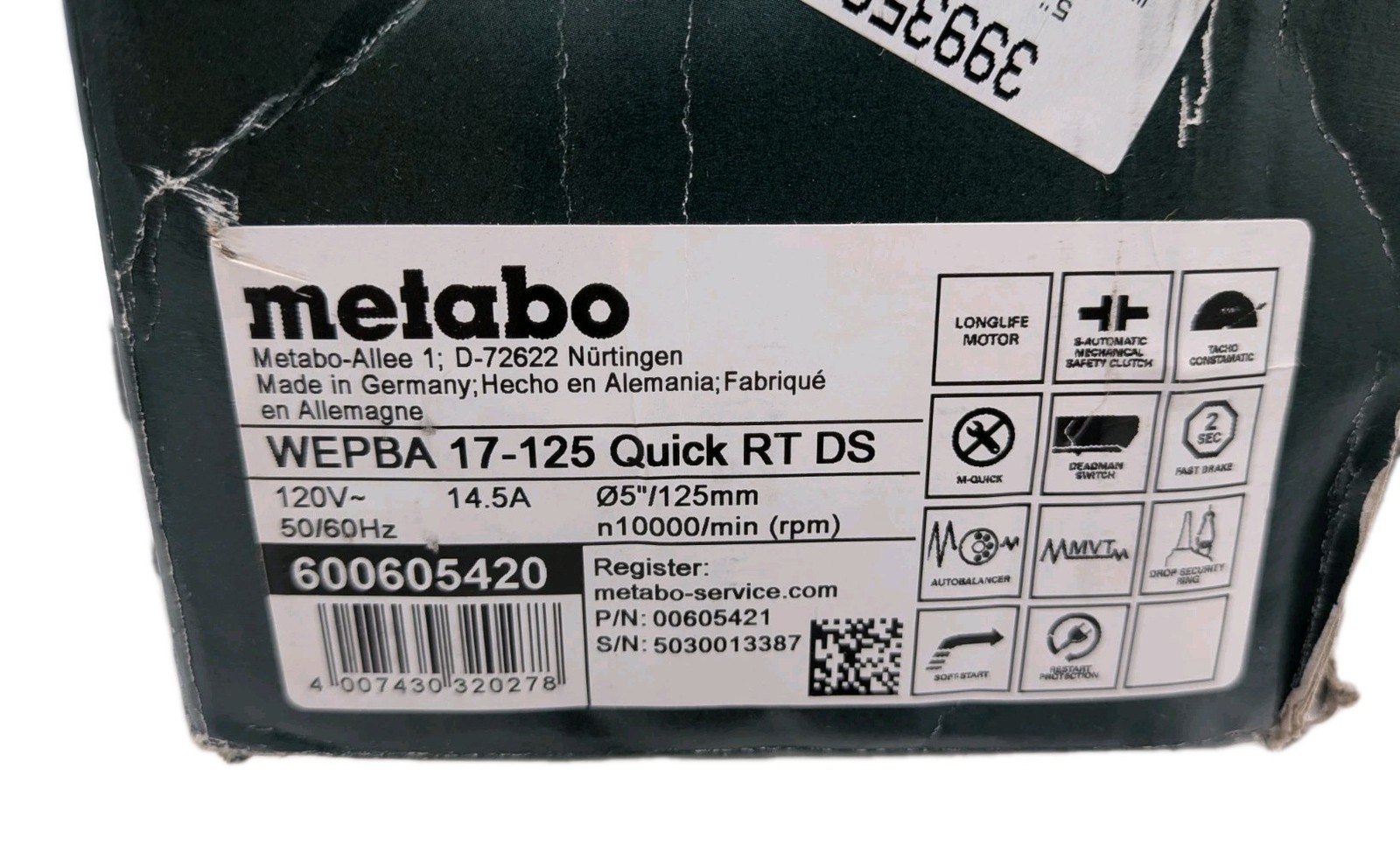 Metabo 600605420 5 in. Angle Grinder Tether Ready Tetherable
