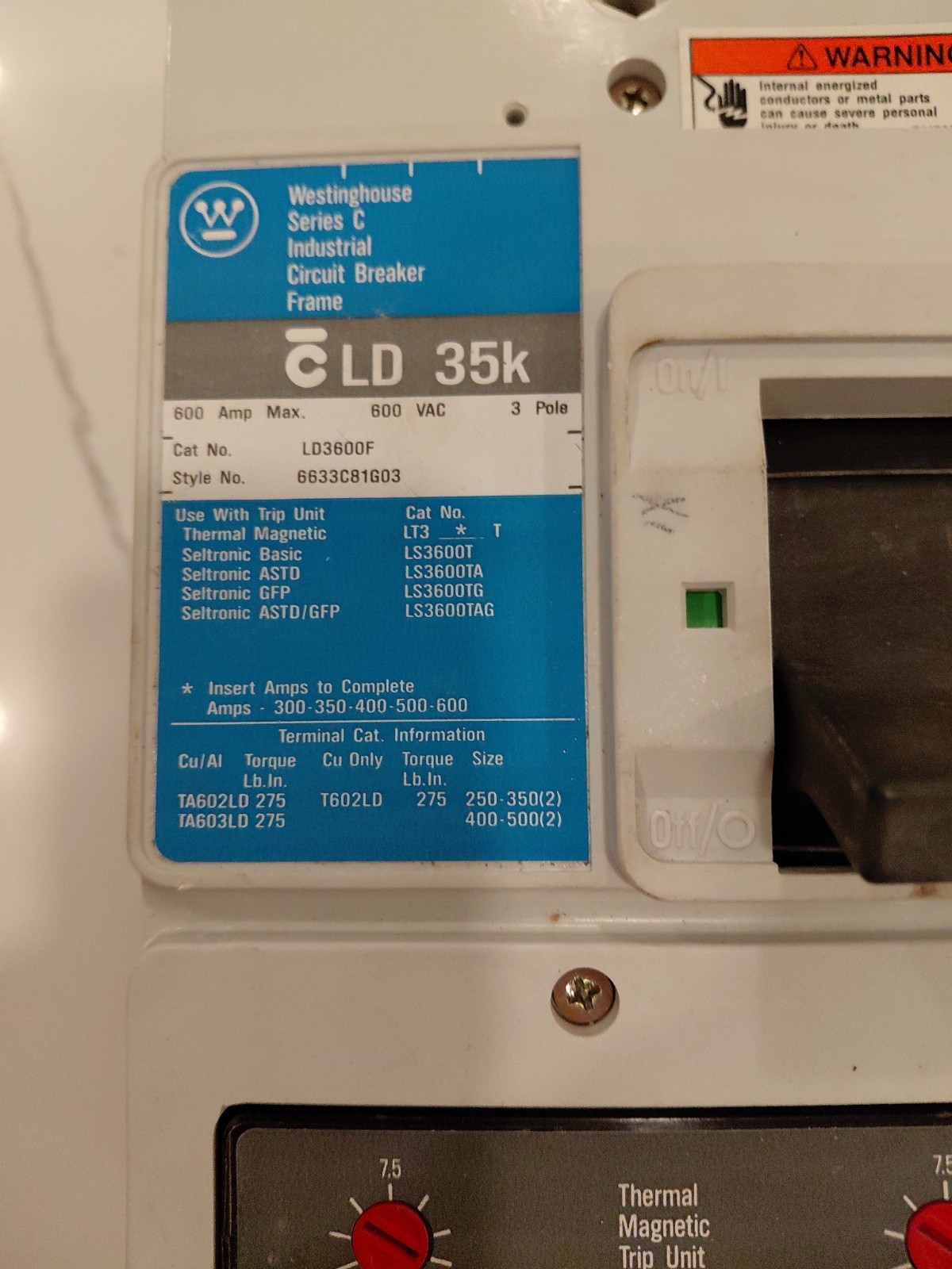 Westinghouse LD3600F 600Amp 600Volt 3Pole Bolt-On Breaker w/ 6000Amp Trip Unit