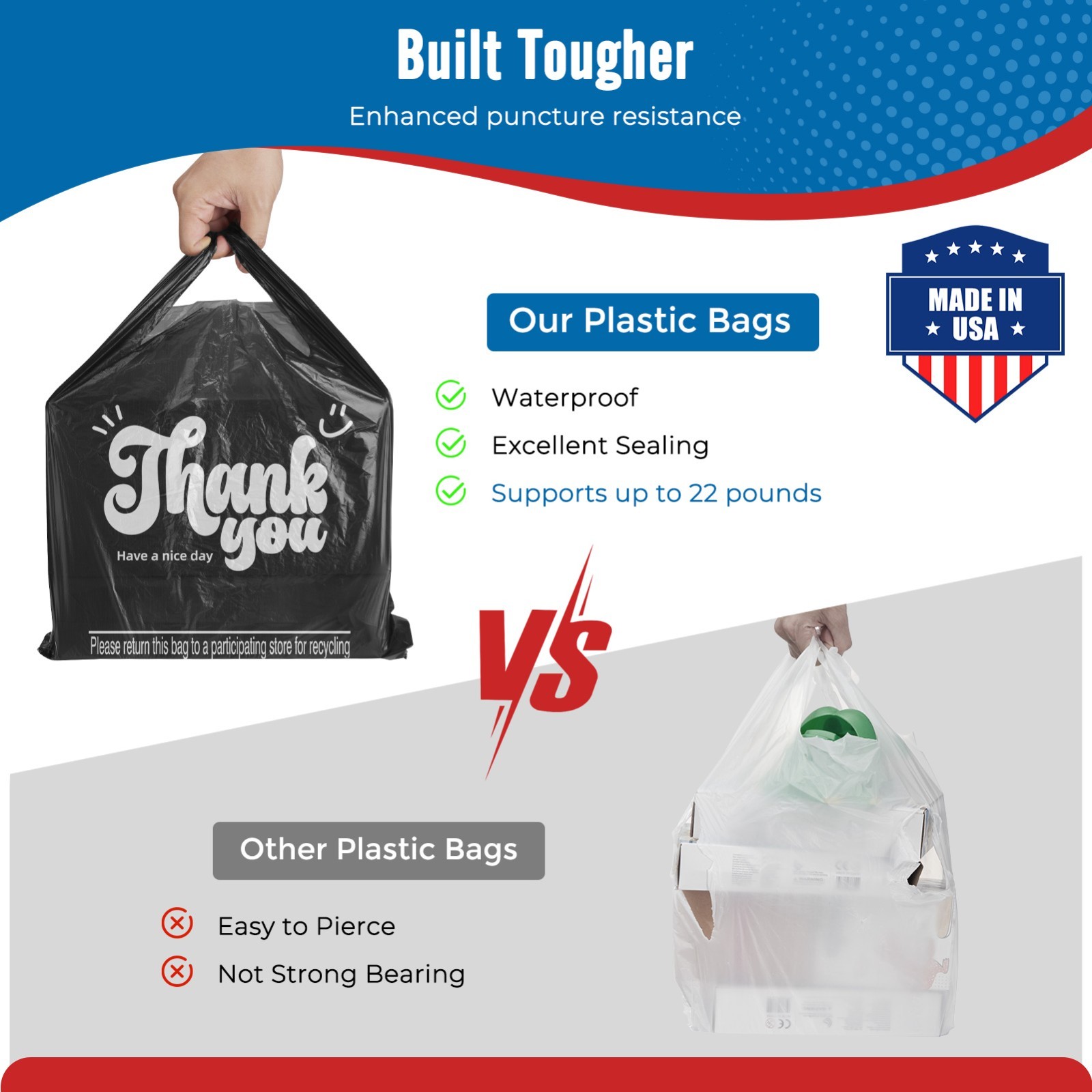 1000 Black Thank You T-Shirt Bags 12″ x 6.5″ x 21″ Plastic Grocery Shopping Bags