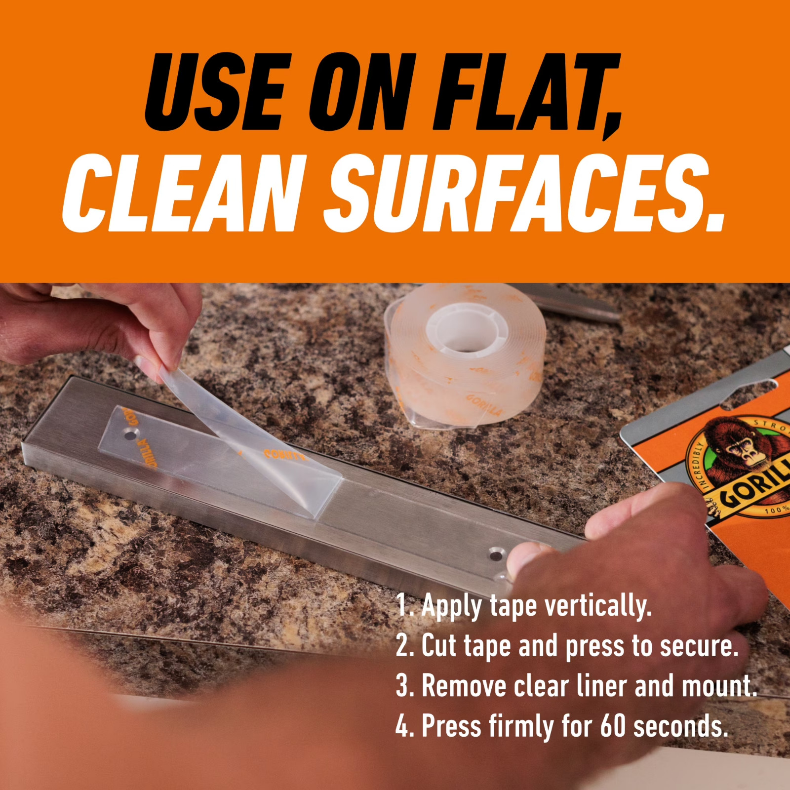 Gorilla Tough & Clear; Double Sided Mounting Tape; Weatherproof; 1″ x 60″; Clear