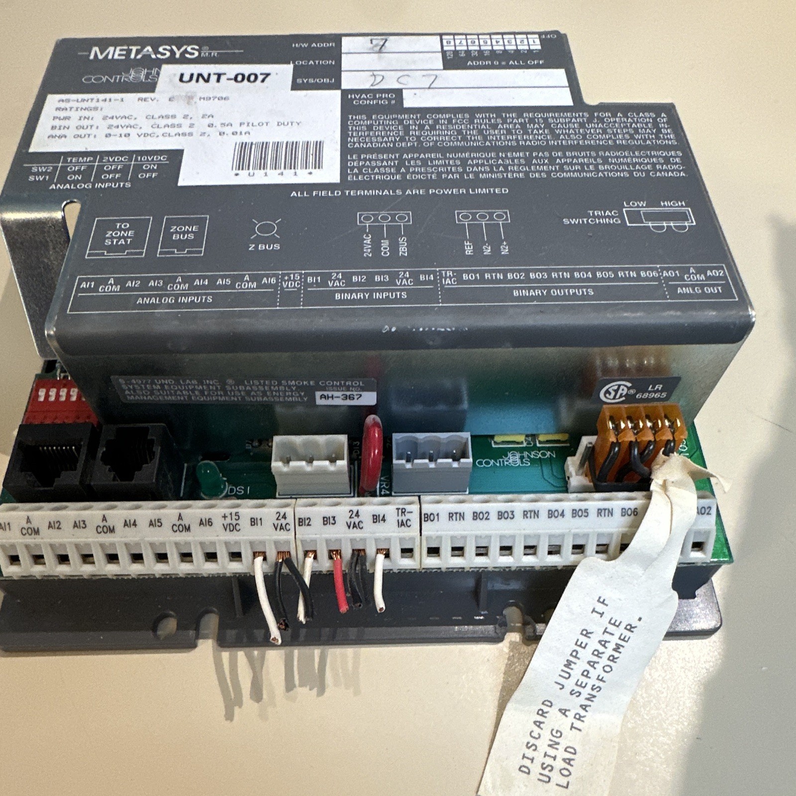 Johnson Controls Metasys UNT-007 Unit Controller AS-UNT141-1 Rev E 24VAC 2A
