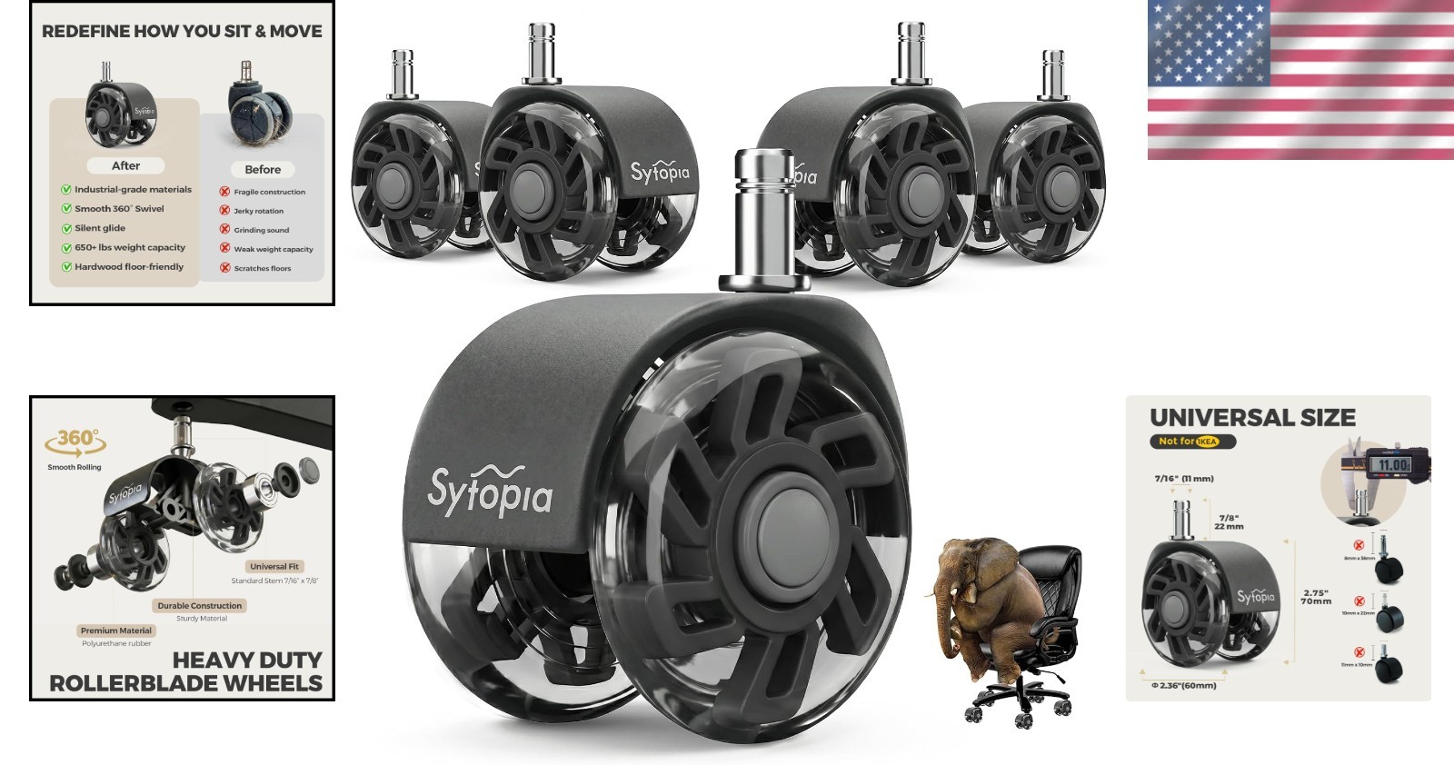 Dark Grey Office Chair Wheels, Set of 5