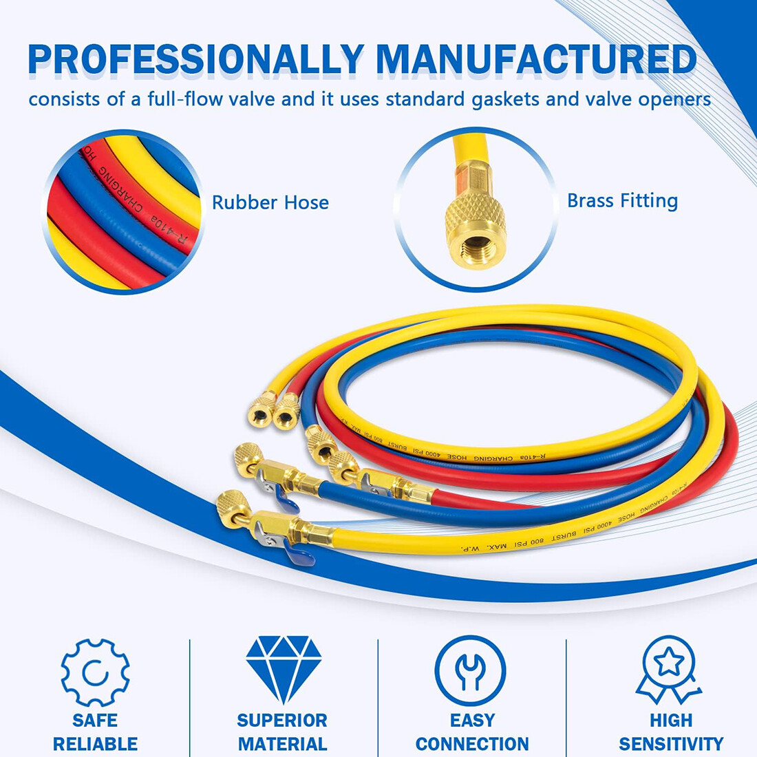 3 Pack 29986 Plus II 1/4″ Red Blue Yellow Charging Hose Compact Ball Valve 72″