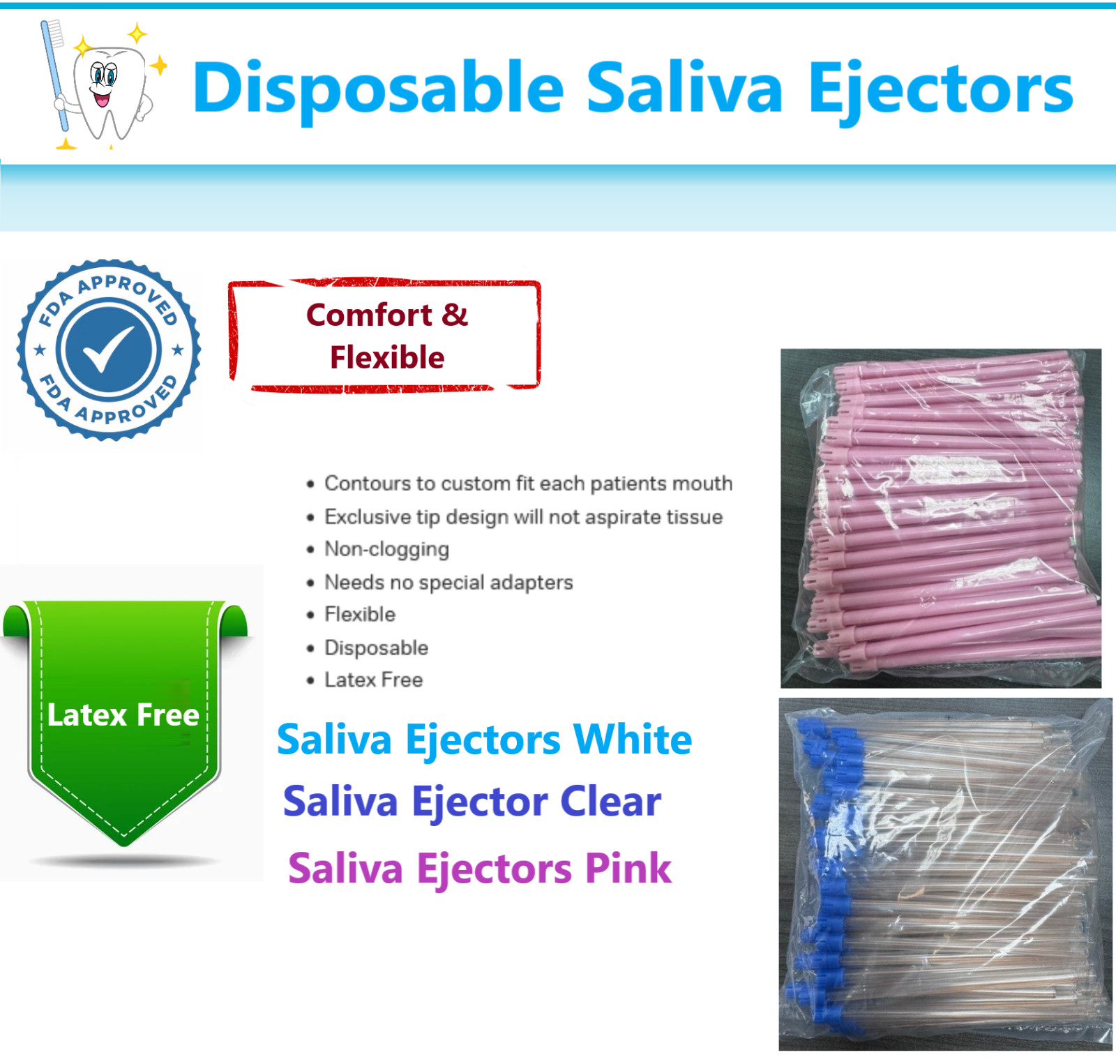 100-1000 Dental Saliva Ejectors Ejector CLEAR/BLUE Suction Tips Disposable Tip