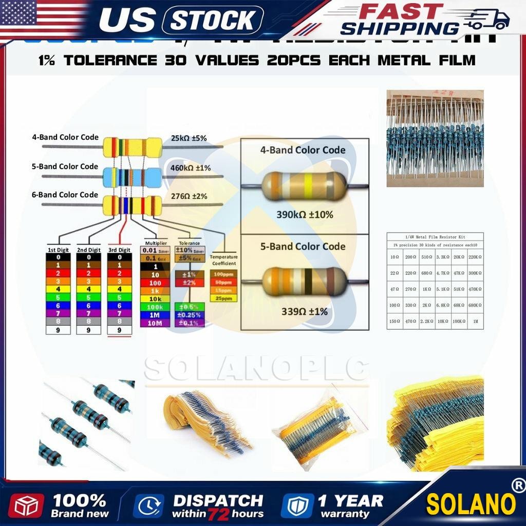 600pcs 30 Values 1/4W Metal Film Resistors Resistance Assortment Kit Set 1% USA
