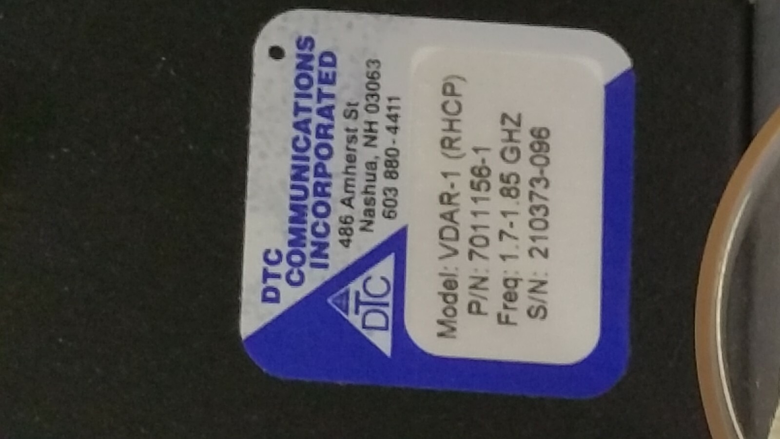New DTC VDAR-1 7011156-1 Hybrid Patch Video Antenna RHCP 1.7-1.85 GHz