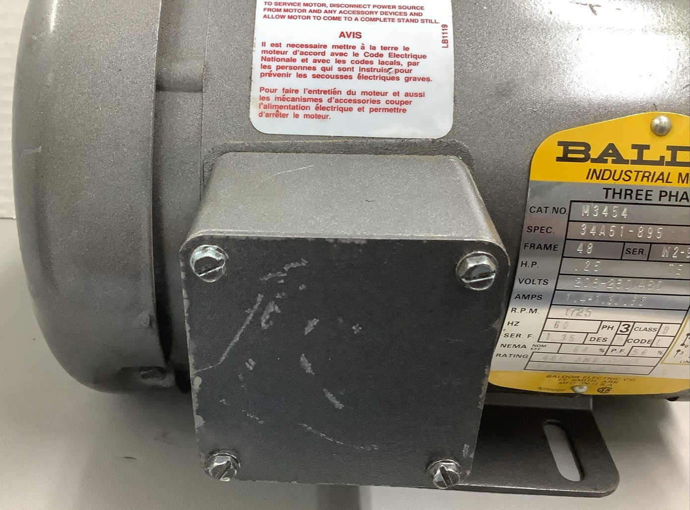 Baldor M3454 Industrial Motor 1/4HP 1725RPM 3-Ph 208-230/460V (R82)