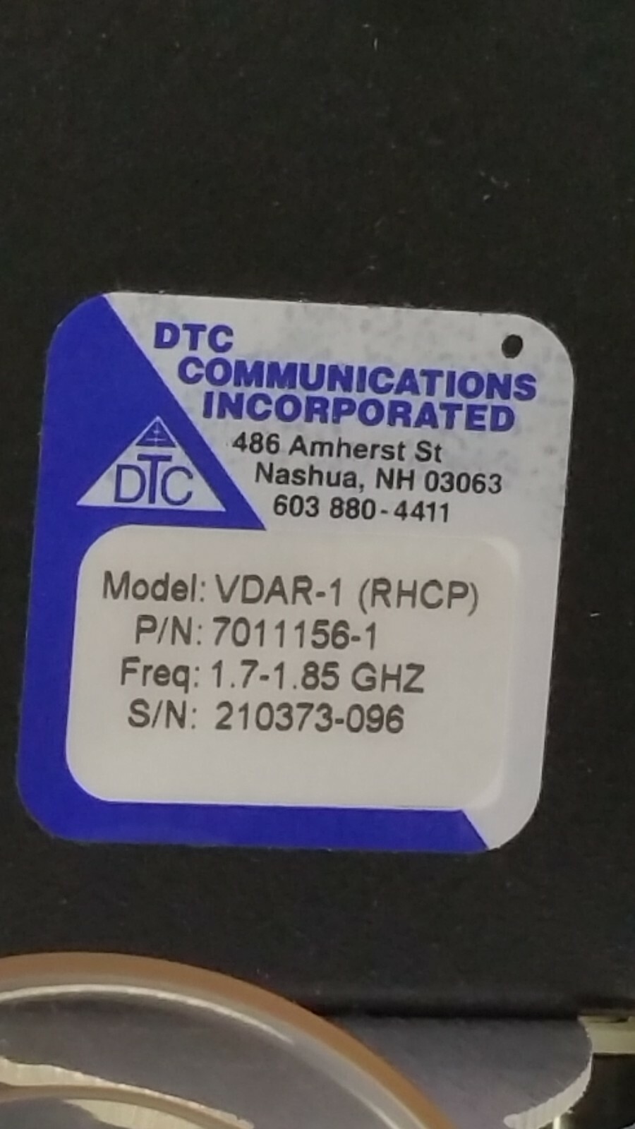 New DTC VDAR-1 7011156-1 Hybrid Patch Video Antenna RHCP 1.7-1.85 GHz