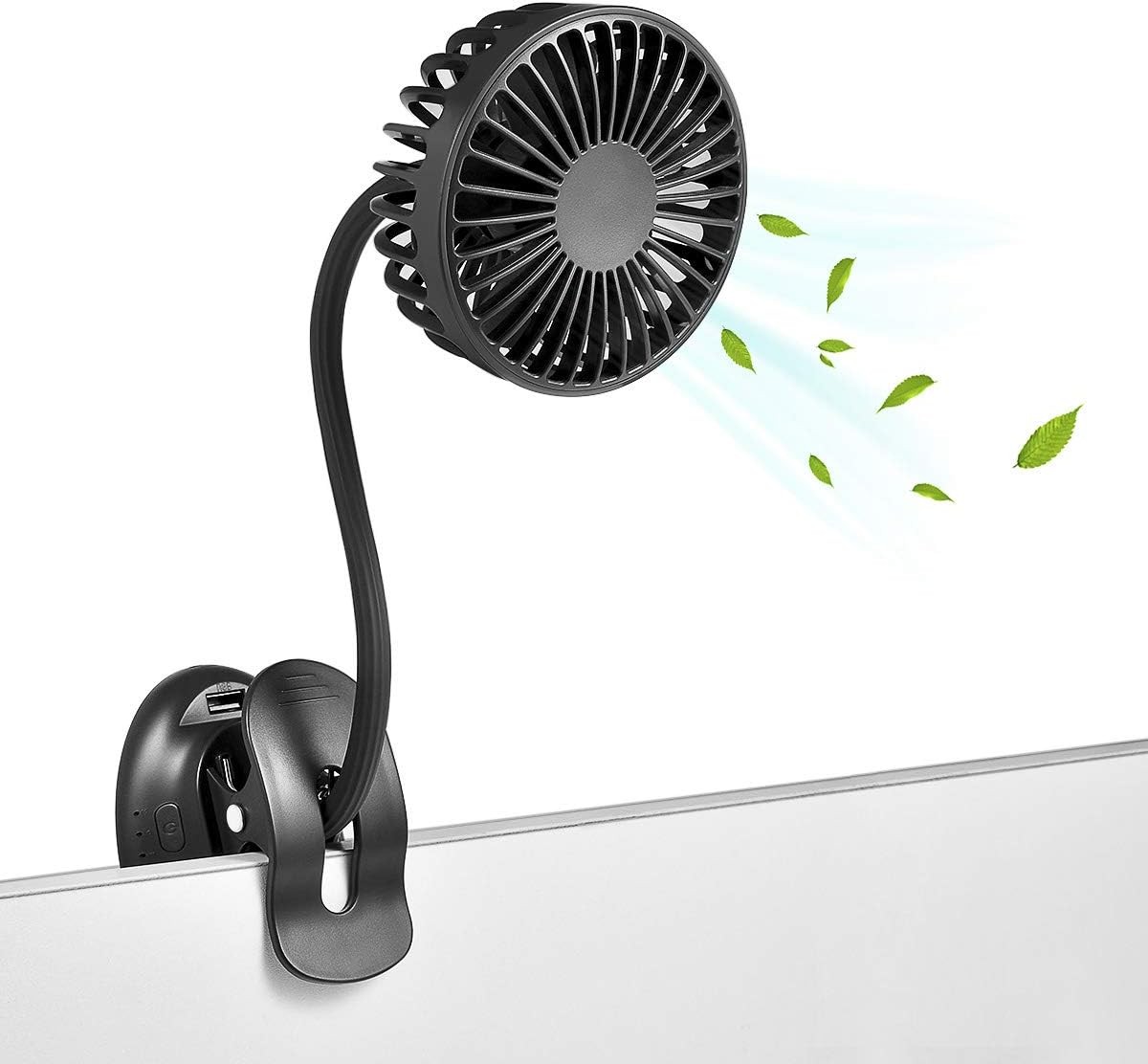 Clip On USB Mini Desk Fan with Emergency Power Bank 3 Speed Black