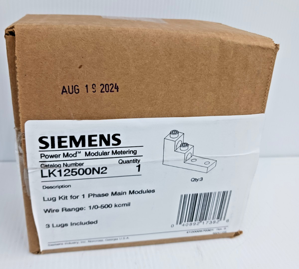New Siemens LK12500N2 Lugs Kit for 1 Phase Main Modules 1/0-500 KCMIL Pack of 3