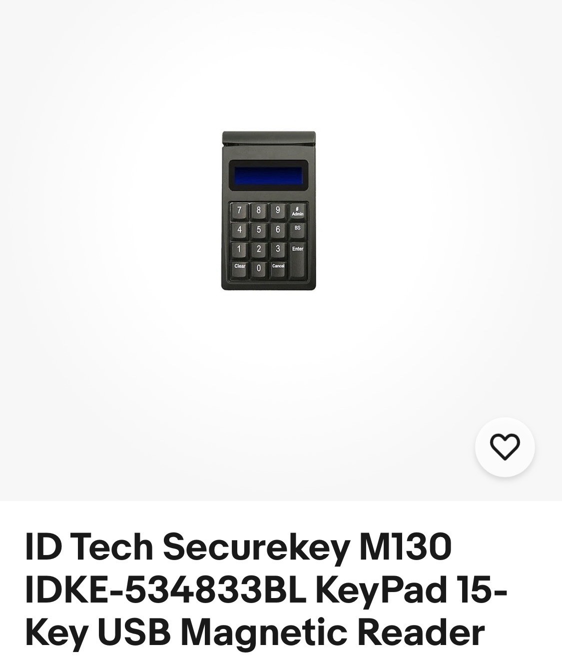 ID Tech Securekey M130 IDKE-534833BL KeyPad 15-Key USB Magnetic Reader