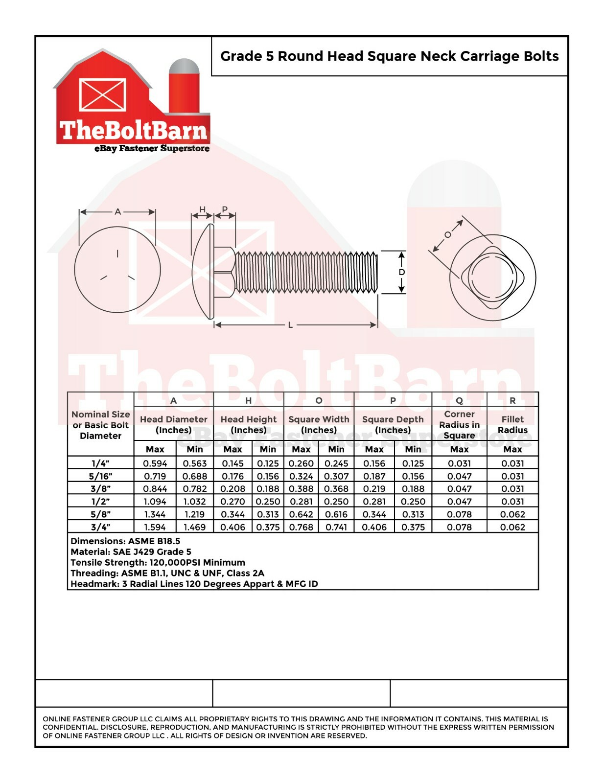 1/4″-20 Grade 5 Full Thread Round Head Carriage Bolts Zinc (Pick Length & Qty)