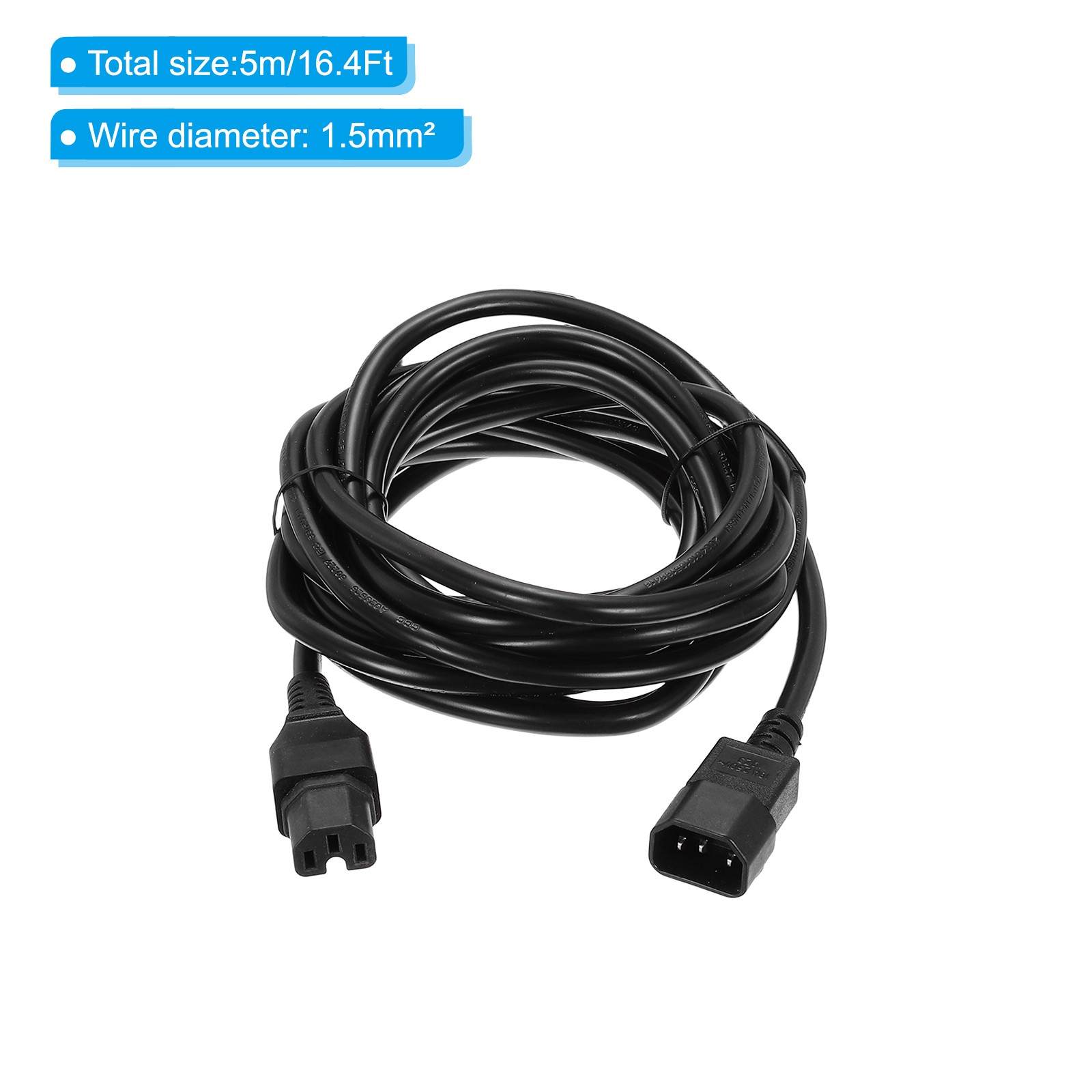 AC Power Cord 3 Prong C14 Male to C15 Female 1.5mm2 5m 16.4Ft 250V 10A