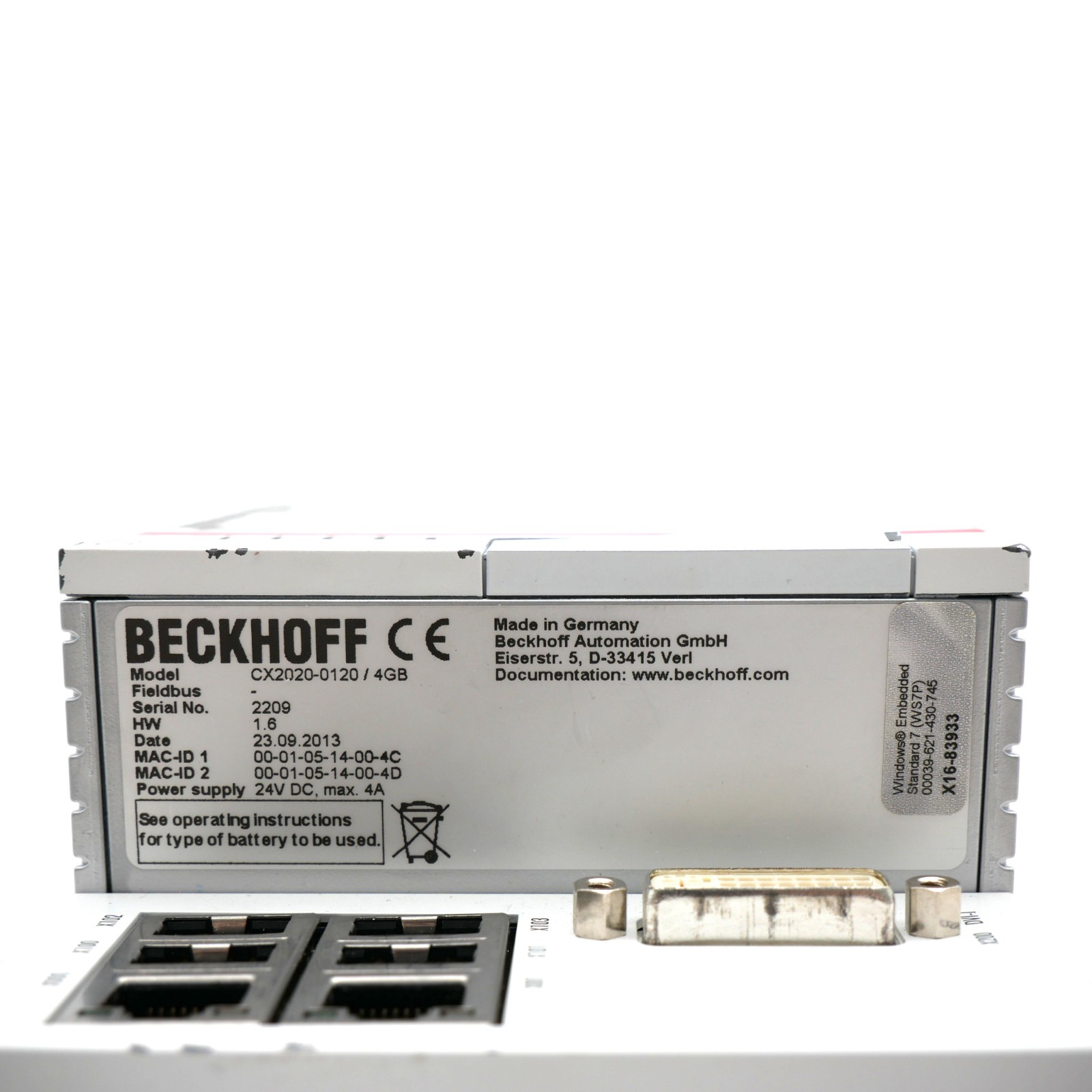 Beckhoff CX2020-0120 / 4 GB HW: 1.6 CPU basic module 24VDC + 8 GB CFast card -used-