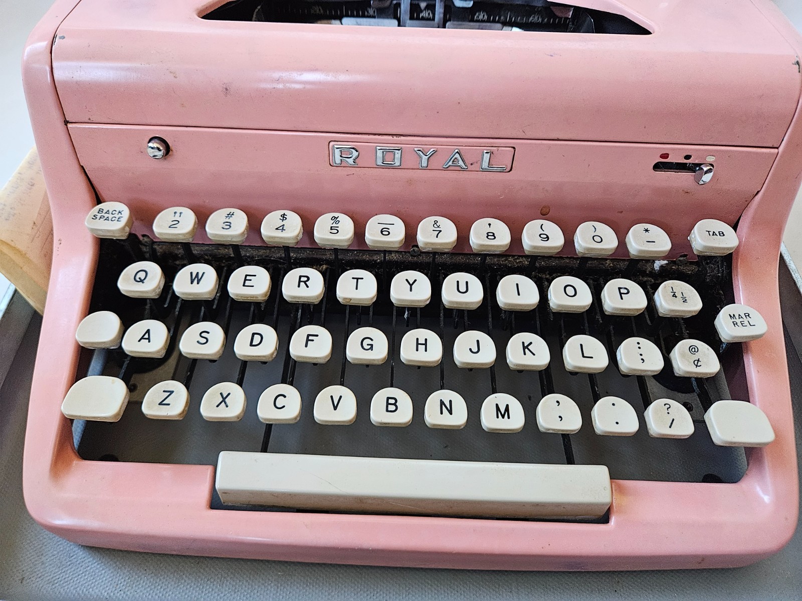 Authenic 1950s Bubble Gum Pink Royal Quiet DeLuxe Typewriter with Carrying Case