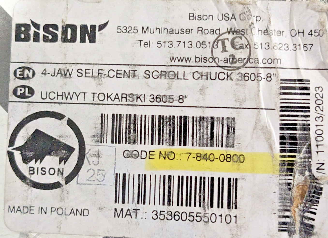 Bison 4 Jaw Self Centering Manual Chuck 8″ Diam Plain Back 3605-8″ 7-840-0800